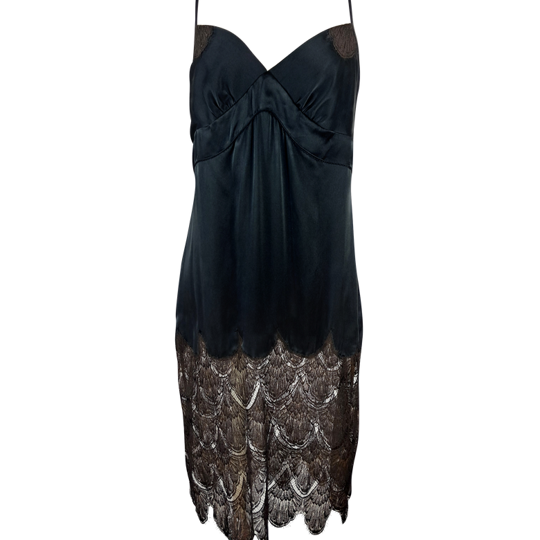 Black dress with lace detailing on a white background