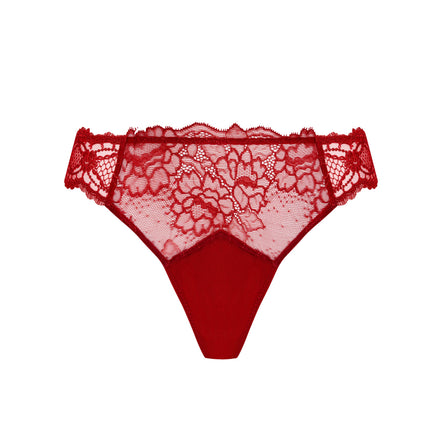 Red lace thong underwear with a solid red fabric front panel, shown flat against a plain white background.