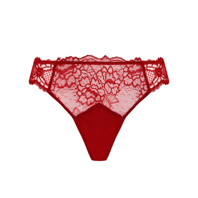 Red lace thong underwear with a solid red fabric front panel, shown flat against a plain white background.