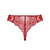 Red lace thong panties with a sheer floral pattern and scalloped edges, displayed flat against a solid white background.