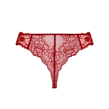 Red lace thong panties with a sheer floral pattern and scalloped edges, displayed flat against a solid white background.