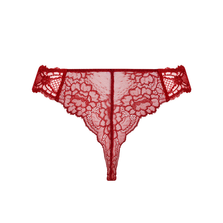 Red lace thong panties with a sheer floral pattern and scalloped edges, displayed flat against a solid white background.