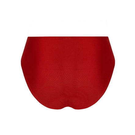 A pair of solid red high-waisted bikini bottoms shown flat against a solid white background.