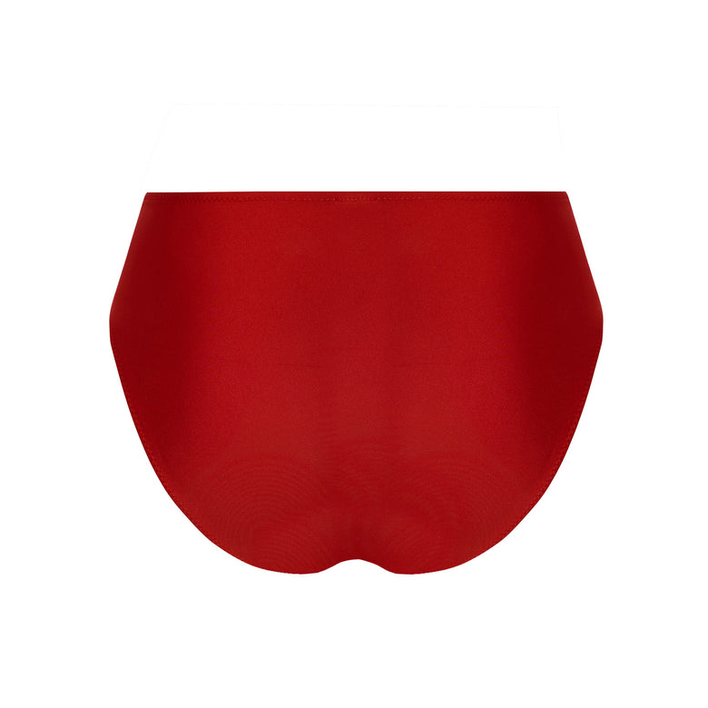 A pair of solid red high-waisted bikini bottoms shown flat against a solid white background.