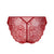 Red lace panties with a sheer floral pattern and scalloped edges, shown flat against a solid white background.