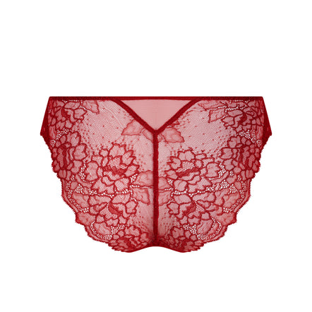 Red lace panties with a sheer floral pattern and scalloped edges, shown flat against a solid white background.