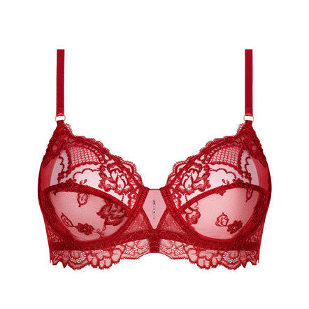 Red lace underwire bra with floral lace detailing and thin adjustable shoulder straps, shown against a plain white background.