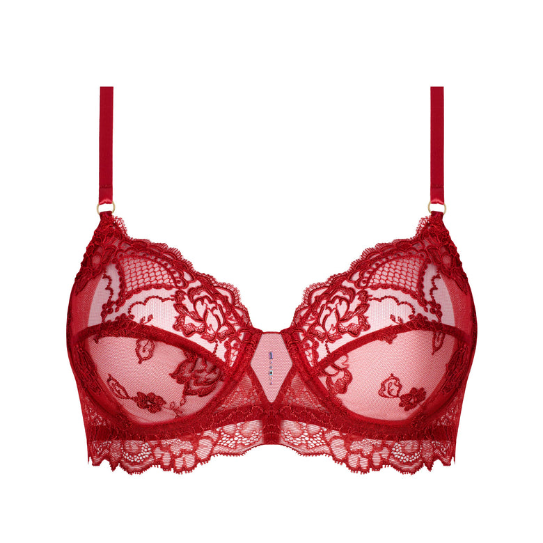 Red lace underwire bra with floral lace detailing and thin adjustable shoulder straps, shown against a plain white background.