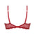 Red lace underwire bra with adjustable shoulder straps and decorative silver-tone rings, shown flat against a white background.