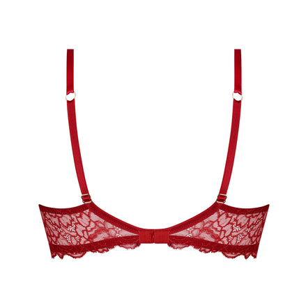 Red lace underwire bra with adjustable shoulder straps and decorative silver-tone rings, shown flat against a white background.