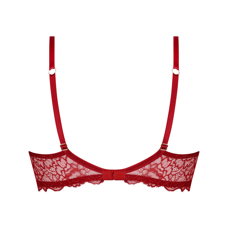 Red lace underwire bra with adjustable shoulder straps and decorative silver-tone rings, shown flat against a white background.