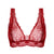 Red lace underwire bra with ruffled straps and a sheer floral lace pattern, shown against a plain white background.
