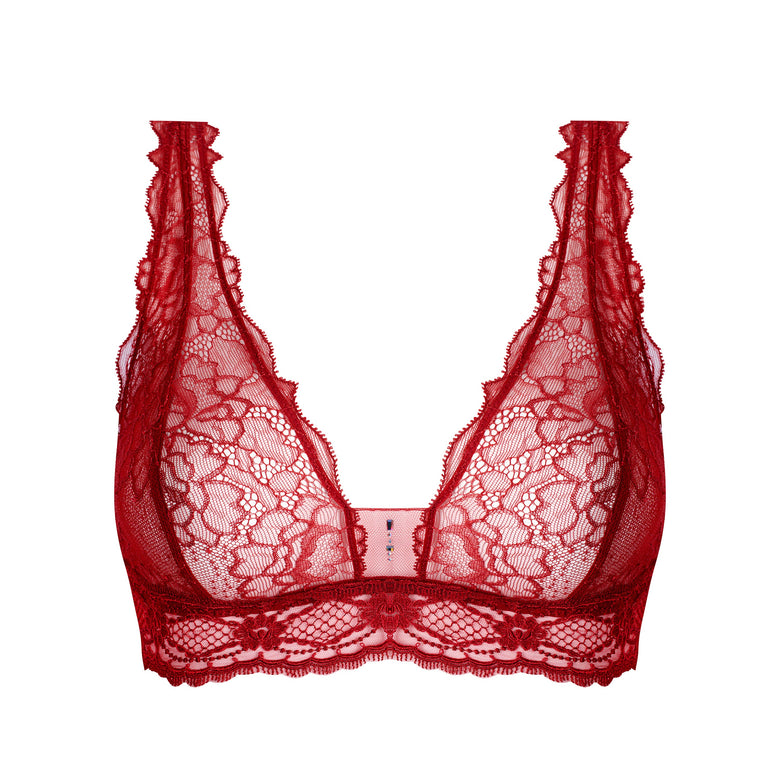 Red lace underwire bra with ruffled straps and a sheer floral lace pattern, shown against a plain white background.