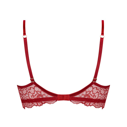 Red lace underwire bra with adjustable shoulder straps, shown flat against a solid white background.