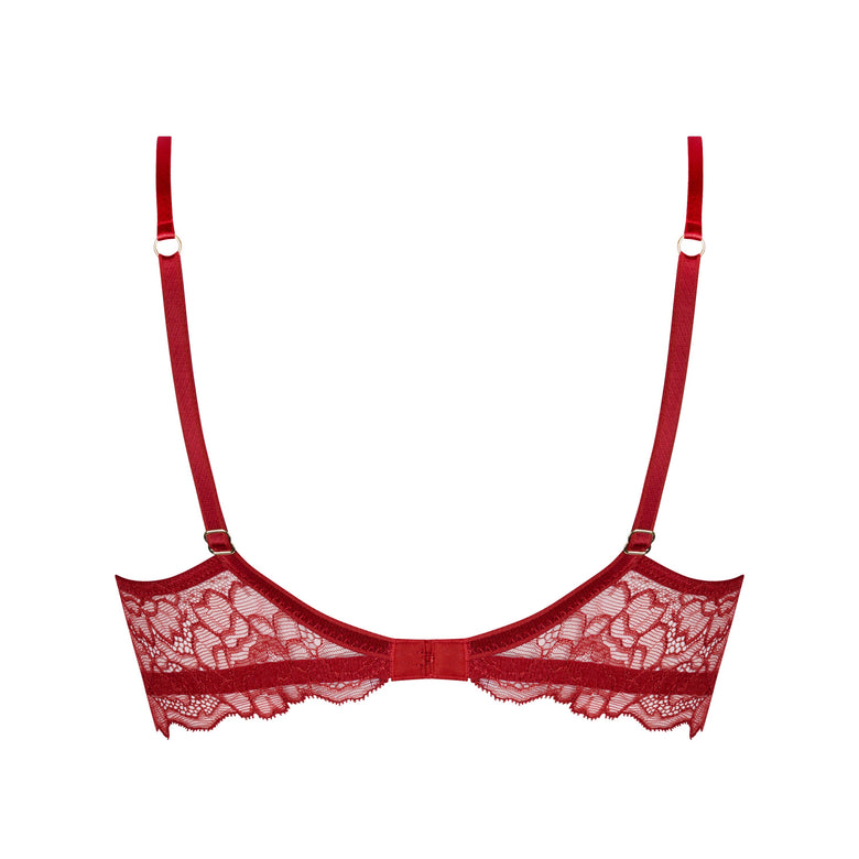 Red lace underwire bra with adjustable shoulder straps, shown flat against a solid white background.