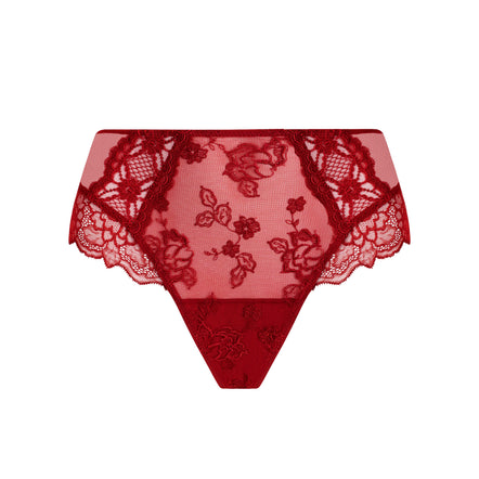 Red lace panties with a floral pattern and scalloped edges, shown flat against a white background.