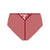 A dusty rose pink mesh brief with a deep V-cut center and red lace trim, displayed flat against a solid white background.