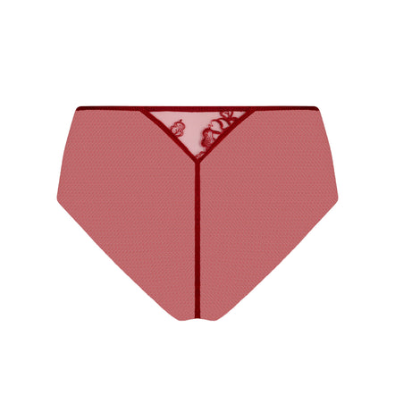A dusty rose pink mesh brief with a deep V-cut center and red lace trim, displayed flat against a solid white background.