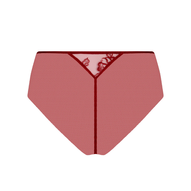 A dusty rose pink mesh brief with a deep V-cut center and red lace trim, displayed flat against a solid white background.