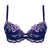 Navy blue bra with intricate lace and floral embroidery on a white background