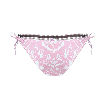 Pink bikini set with floral pattern on a white background