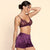 Woman wearing a purple lace bra and shorts on a beige background