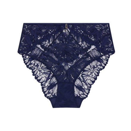 Navy blue lace high-waisted briefs with a butterfly motif and a small gold zipper at the center front, shown on a plain white background.