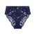 Navy blue lace high-waisted briefs with a butterfly motif and a small gold zipper at the center front, shown on a plain white background.