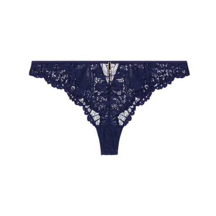 A pair of navy blue lace thong panties with a scalloped edge and a small gold zipper detail at the center back, displayed on a solid white background.