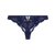A pair of navy blue lace thong panties with a scalloped edge and a small gold zipper detail at the center back, displayed on a solid white background.