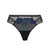 Black lace and mesh thong with a blue and teal floral embroidery design on the front, set against a plain white background.