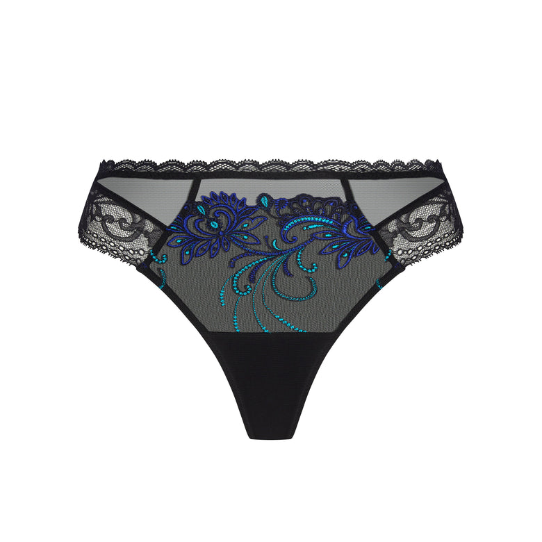 Black lace and mesh thong with a blue and teal floral embroidery design on the front, set against a plain white background.