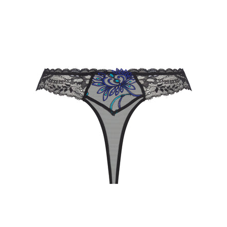 Black lace thong with a sheer mesh center panel and a blue and green floral embroidery on the front, shown against a plain white background.
