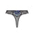 Black lace thong with a sheer mesh center panel and a blue and green floral embroidery on the front, shown against a plain white background.