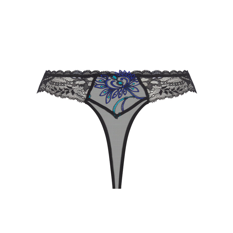 Black lace thong with a sheer mesh center panel and a blue and green floral embroidery on the front, shown against a plain white background.