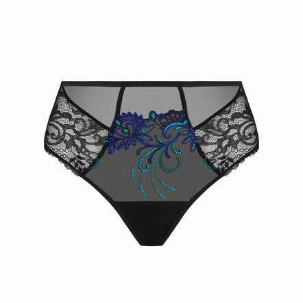 Black lace and mesh panties featuring a central blue and turquoise embroidered floral motif, shown against a plain white background.