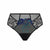 Black lace and mesh panties featuring a central blue and turquoise embroidered floral motif, shown against a plain white background.