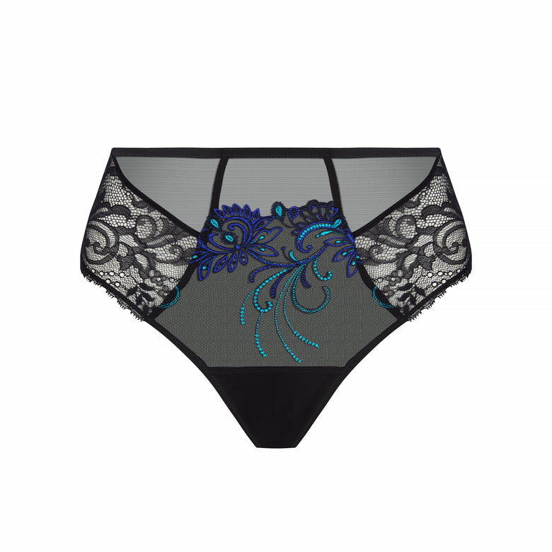 Black lace and mesh panties featuring a central blue and turquoise embroidered floral motif, shown against a plain white background.