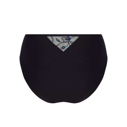 Black high-waisted briefs with a small embroidered floral detail in blue, green, and white on the front center waistband, shown against a plain white background.