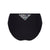 Black high-waisted briefs with a small embroidered floral detail in blue, green, and white on the front center waistband, shown against a plain white background.