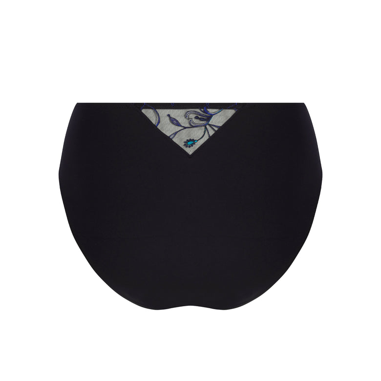 Black high-waisted briefs with a small embroidered floral detail in blue, green, and white on the front center waistband, shown against a plain white background.