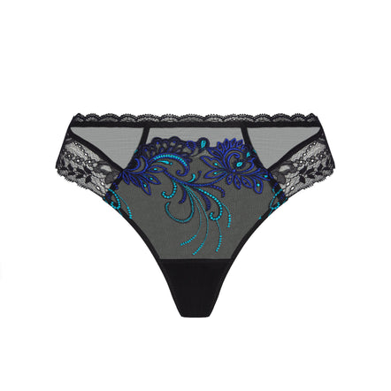 Black lace and mesh thong with blue and turquoise floral embroidery on the front, shown against a plain white background.