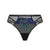 Black lace and mesh thong with blue and turquoise floral embroidery on the front, shown against a plain white background.