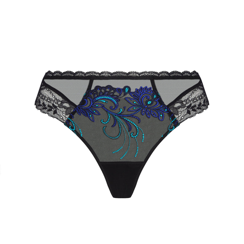 Black lace and mesh thong with blue and turquoise floral embroidery on the front, shown against a plain white background.