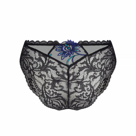 Black lace panties with a sheer floral lace pattern and a small blue embroidered flower detail at the center front, shown against a plain white background.