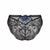 Black lace panties with a sheer floral lace pattern and a small blue embroidered flower detail at the center front, shown against a plain white background.