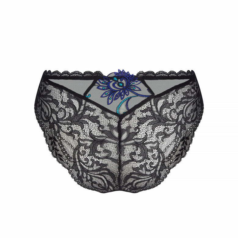 Black lace panties with a sheer floral lace pattern and a small blue embroidered flower detail at the center front, shown against a plain white background.