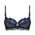 Black lace underwire bra with intricate blue and teal floral embroidery and beadwork, shown against a plain white background.