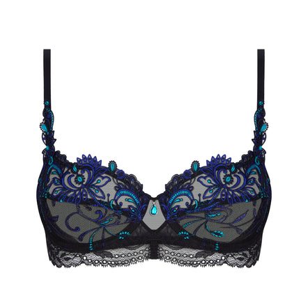 Black lace underwire bra with intricate blue and teal floral embroidery and beadwork, shown against a plain white background.