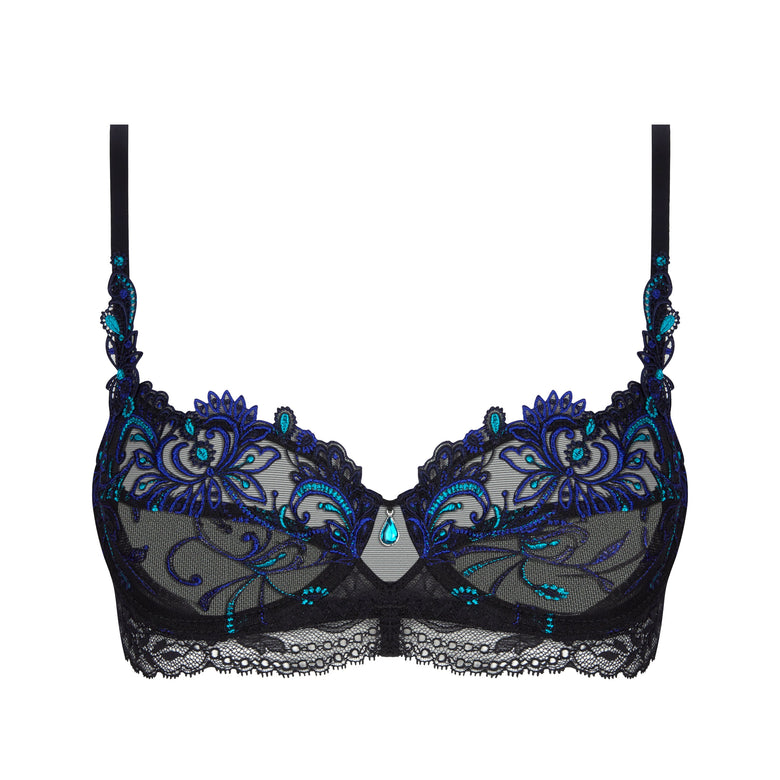 Black lace underwire bra with intricate blue and teal floral embroidery and beadwork, shown against a plain white background.